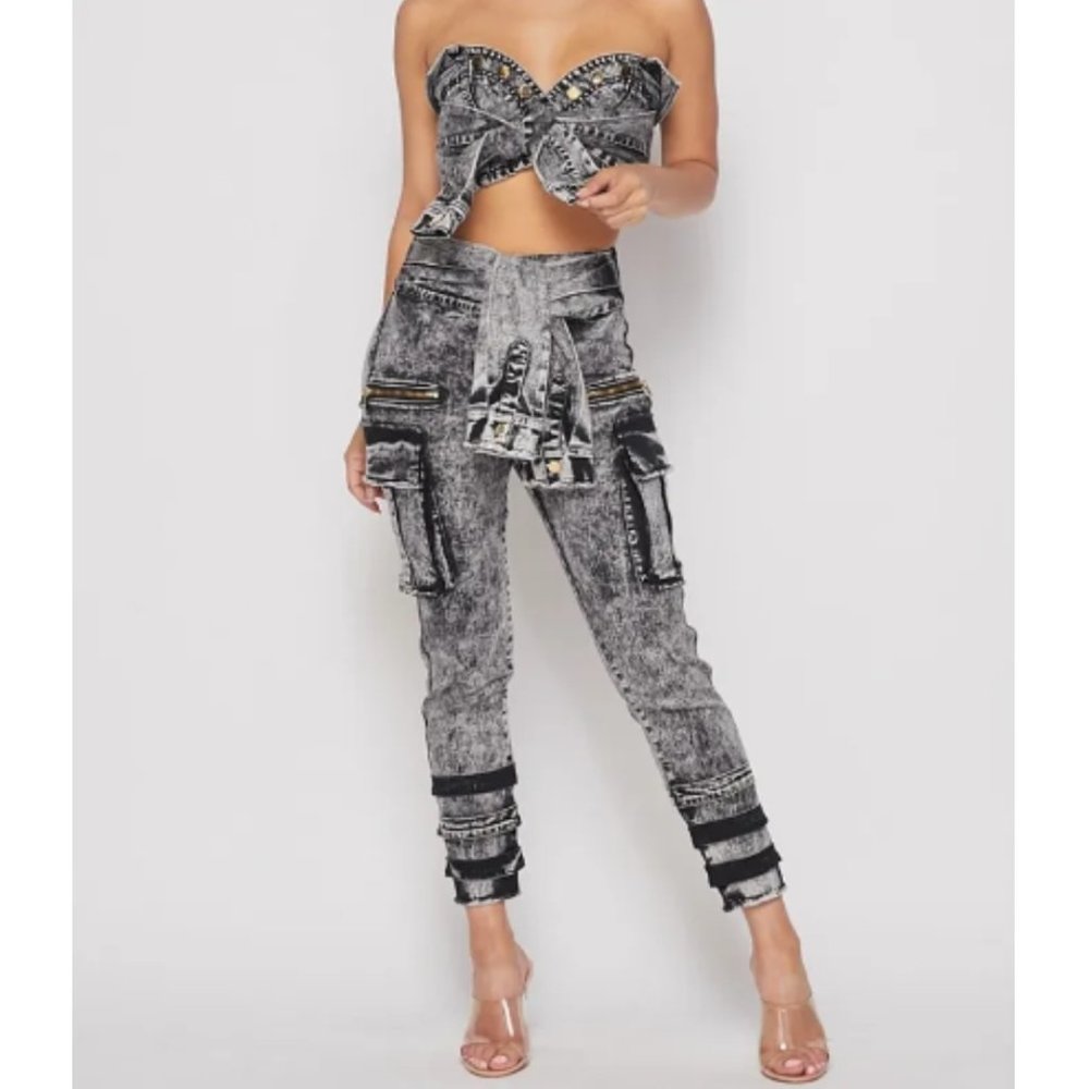 NWT Faded Black Tied Up Jean Strapless & Cropped Denim Jeans Set